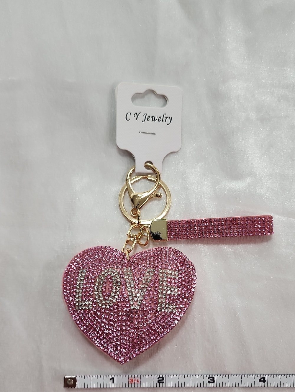 CY Jewelry Stuffed Pink Heart Keychain Bag Charm. Front Has Pink/Clear Crystals. - Picture 3 of 4
